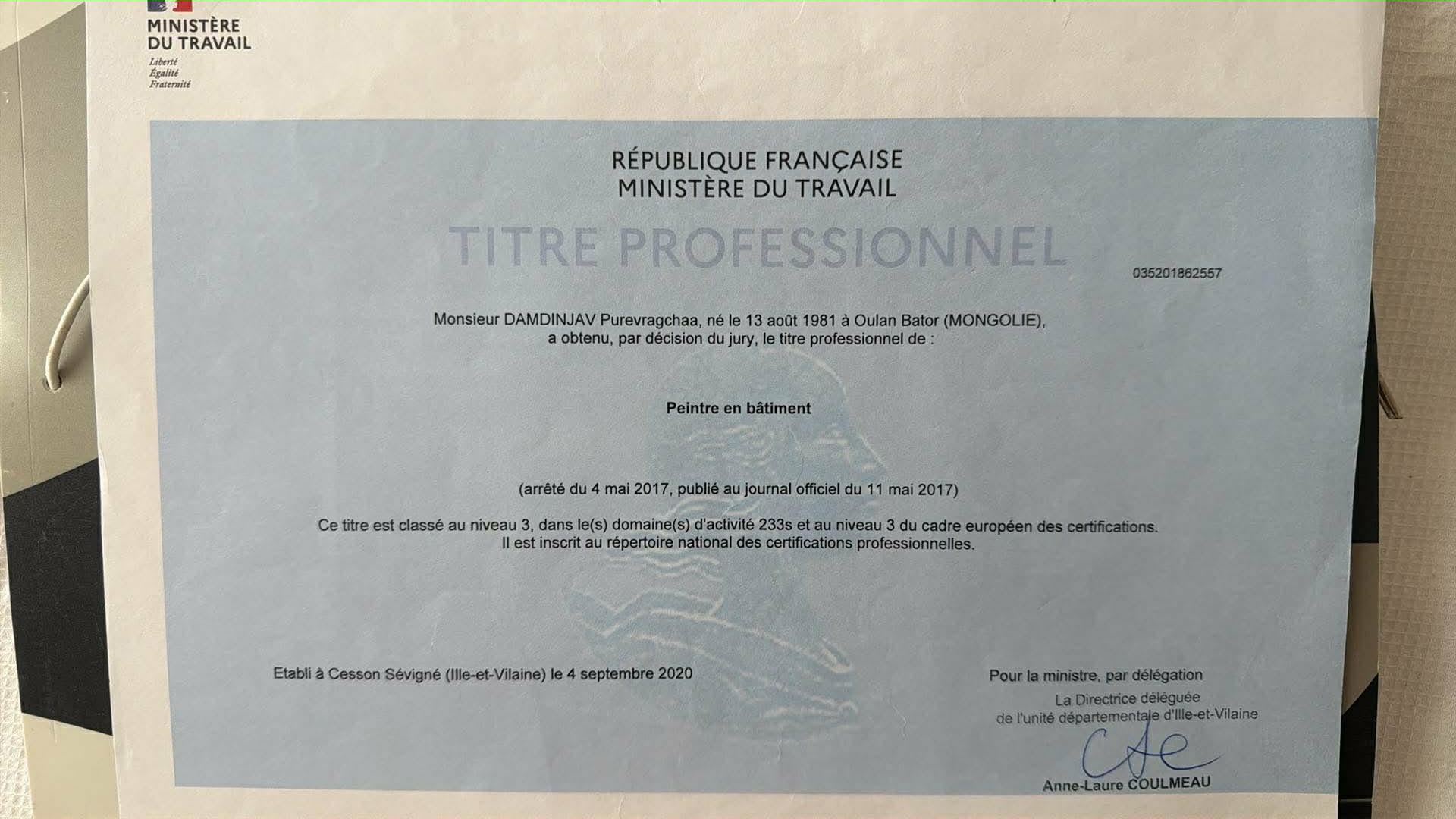 Titre Professionnel — Peintre en bâtiment, Ministère du Travail